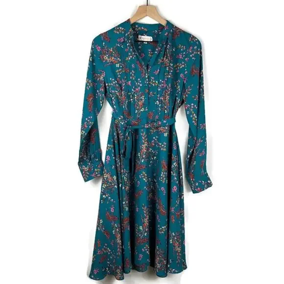 Nanette Lepore | Dresses | Nanette Lepore Fit And Flare Button Front Vneck  Ls Teal Blue Pink Dress Size 4 | Poshmark